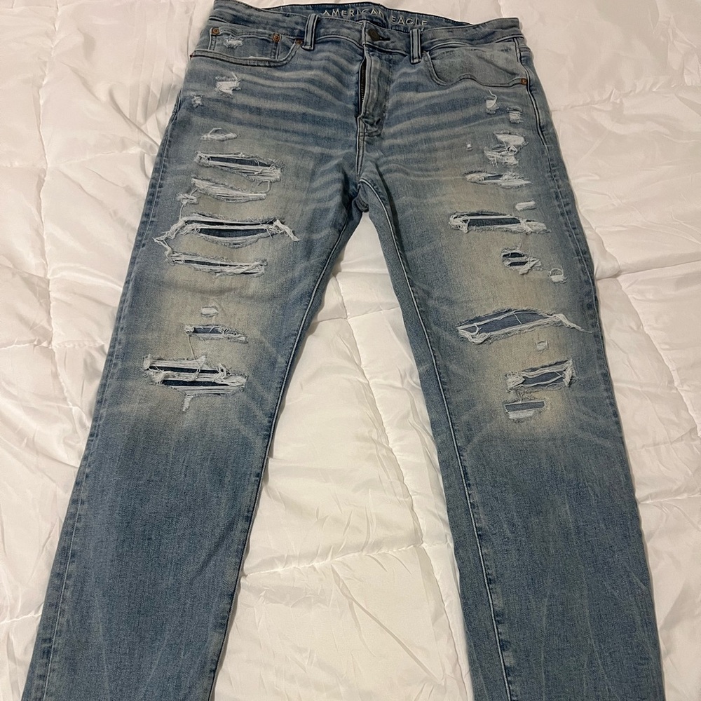 American Eagle Outfitters Men’s Distressed Light Blue Skinny Jeans